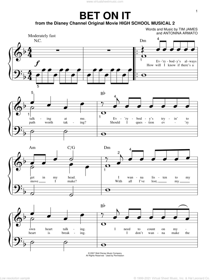 Bet On It sheet music for piano solo (big note book) by High School Musical 2, Antonina Armato and Tim James, easy piano (big note book)