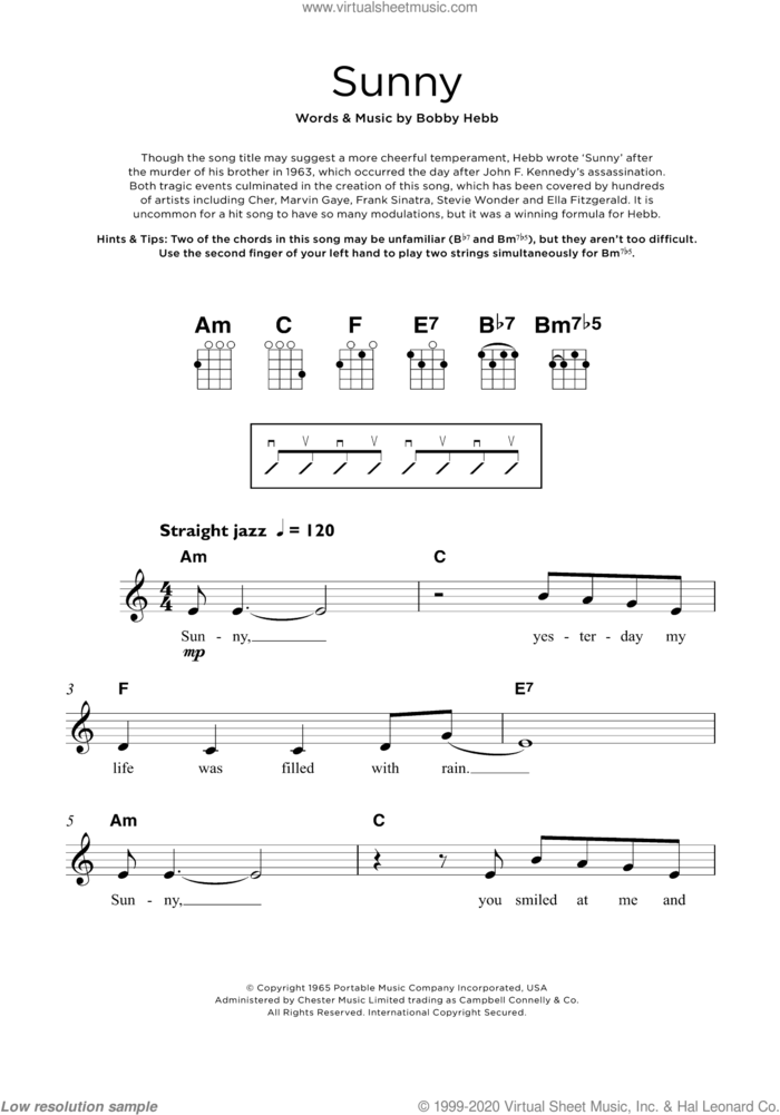 Sunny sheet music for ukulele by Bobby Hebb, intermediate skill level