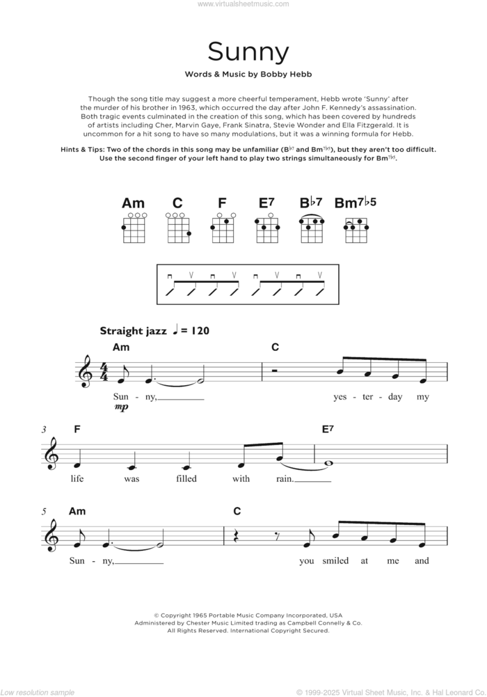 Sunny sheet music for ukulele by Bobby Hebb, intermediate skill level