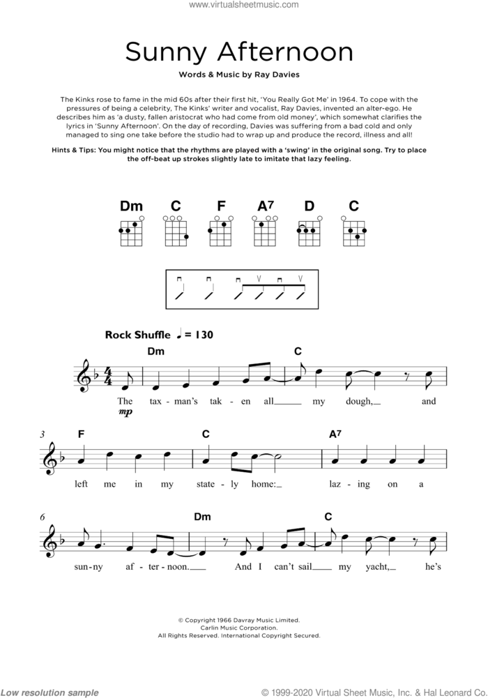 Sunny Afternoon sheet music for ukulele by The Kinks and Ray Davies, intermediate skill level