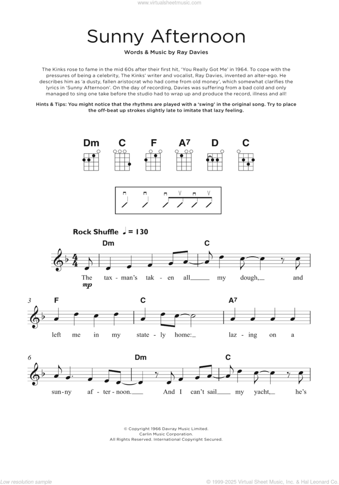 Sunny Afternoon sheet music for ukulele by The Kinks and Ray Davies, intermediate skill level