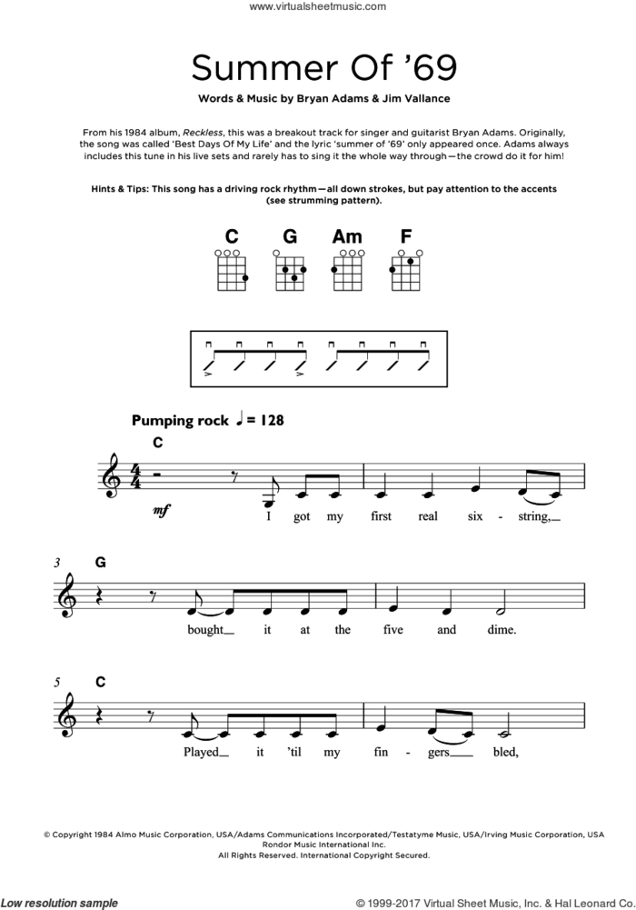 Summer Of '69 sheet music for ukulele by Bryan Adams and Jim Vallance, intermediate skill level