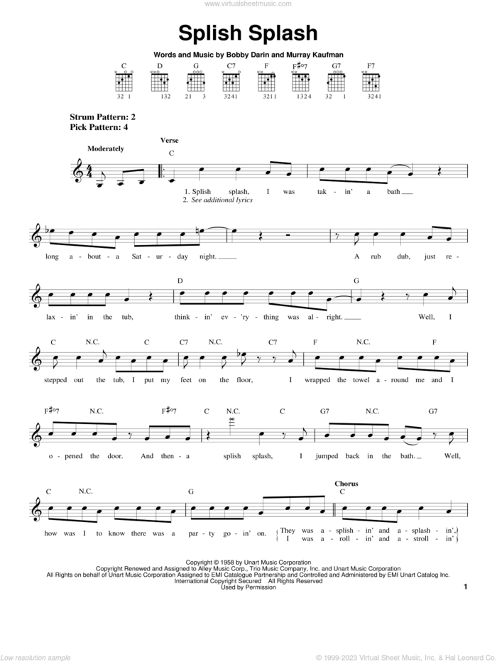 Splish Splash sheet music for guitar solo (chords) by Bobby Darin and Murray Kaufman, easy guitar (chords)