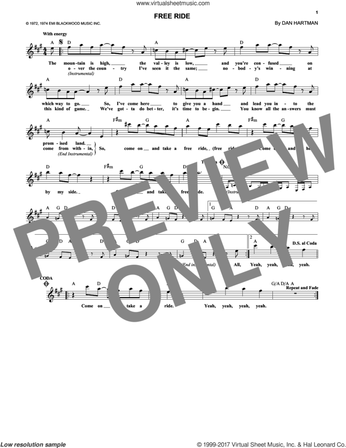 Free Ride sheet music for voice and other instruments (fake book) by Edgar Winter Group and Dan Hartman, intermediate skill level
