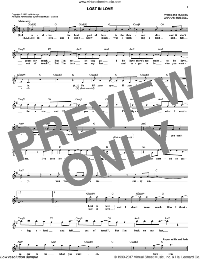 Lost In Love sheet music for voice and other instruments (fake book) by Air Supply and Graham Russell, intermediate skill level