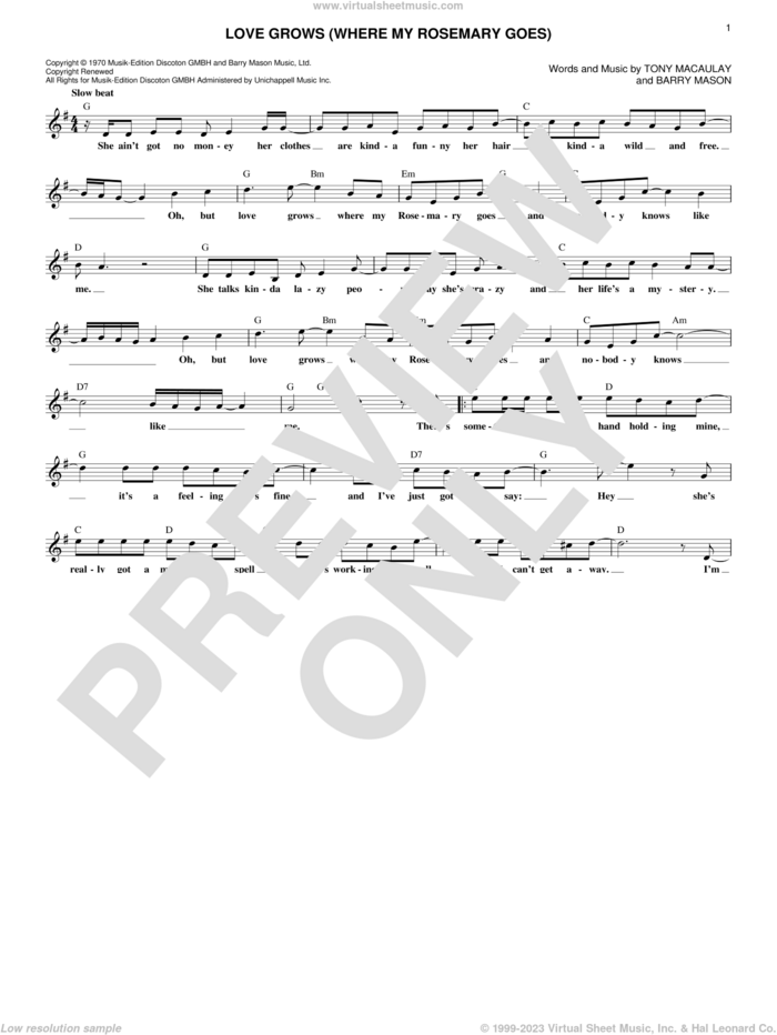 Love Grows (Where My Rosemary Goes) sheet music for voice and other instruments (fake book) by Edison Lighthouse, Barry Mason and Tony MacAuley, intermediate skill level