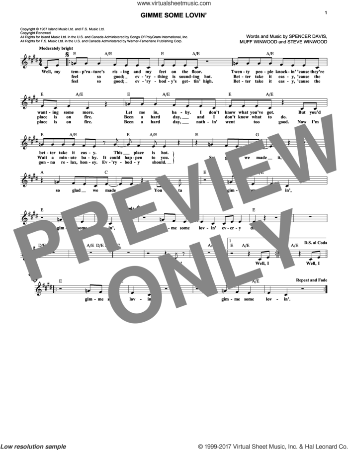 Gimme Some Lovin' sheet music for voice and other instruments (fake book) by The Spencer Davis Group, Muff Winwood, Spencer Davis and Steve Winwood, intermediate skill level