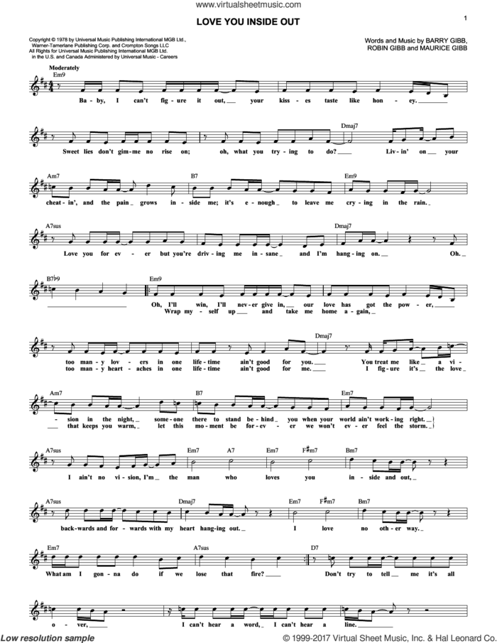 Love You Inside Out sheet music for voice and other instruments (fake book) by Bee Gees, Barry Gibb, Maurice Gibb and Robin Gibb, intermediate skill level