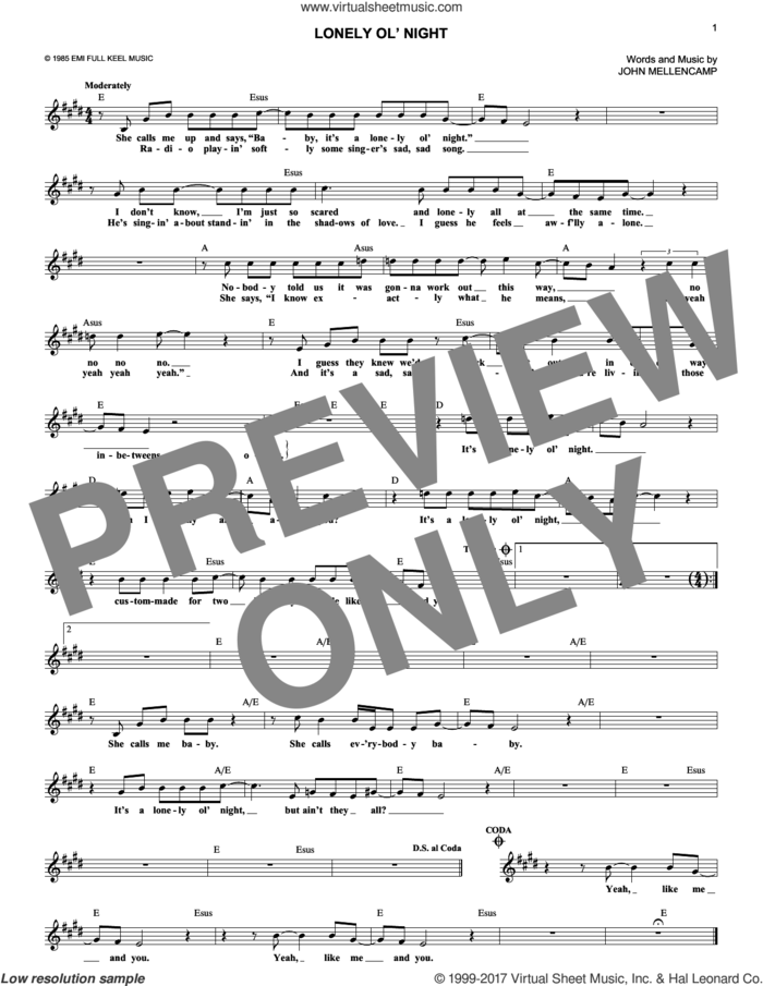 Lonely Ol' Night sheet music for voice and other instruments (fake book) by John Mellencamp, intermediate skill level
