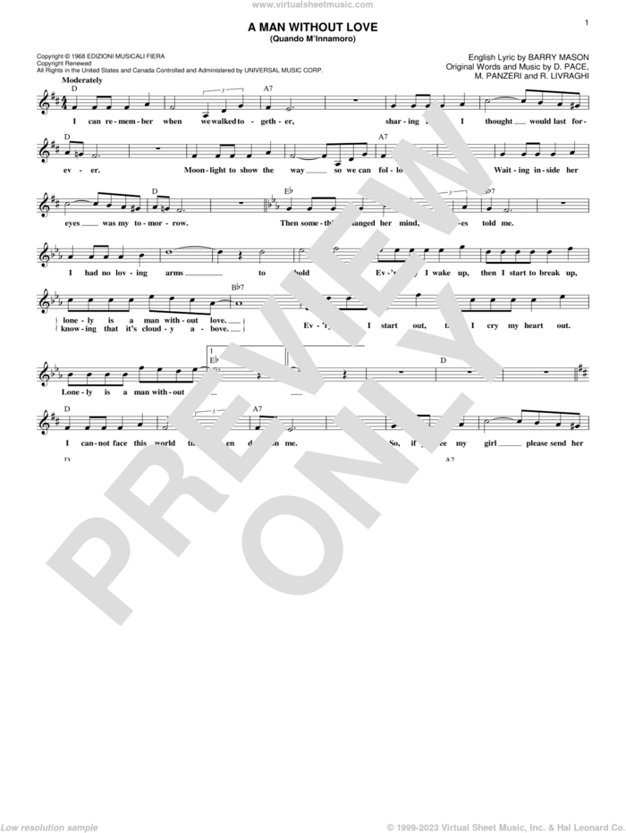 A Man Without Love (Quando M'Innamoro) sheet music for voice and other instruments (fake book) by Engelbert Humperdinck, Barry Mason, D. Pace, M. Panzeri and R. Livraghi, intermediate skill level