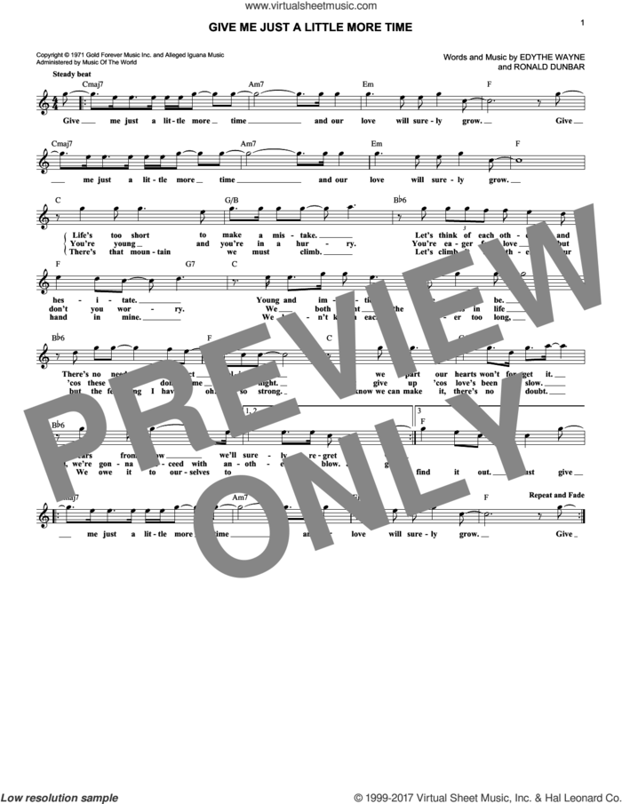 Give Me Just A Little More Time sheet music for voice and other instruments (fake book) by Chairmen of the Board, Edythe Wayne and Ronald Dunbar, intermediate skill level