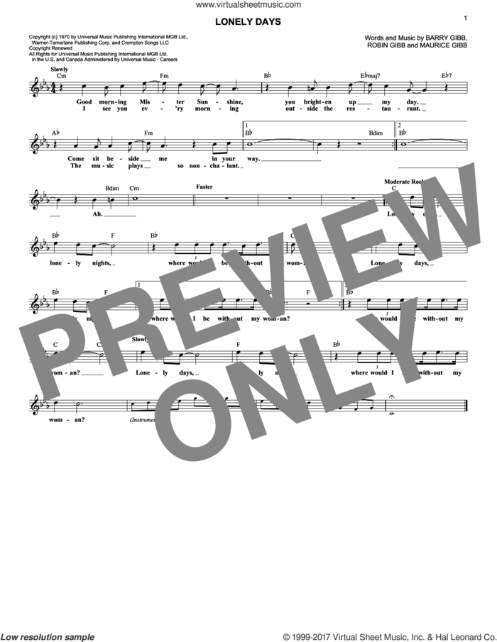 Lonely Days sheet music for voice and other instruments (fake book) by Bee Gees, Barry Gibb, Maurice Gibb and Robin Gibb, intermediate skill level