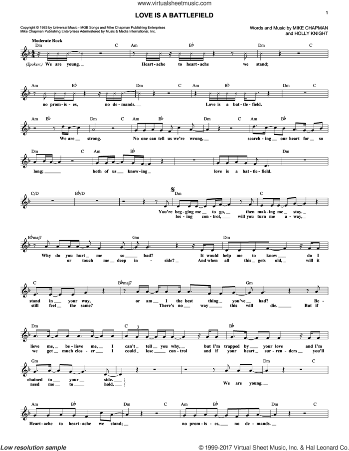 Love Is A Battlefield sheet music for voice and other instruments (fake book) by Pat Benatar, Holly Knight and Mike Chapman, intermediate skill level