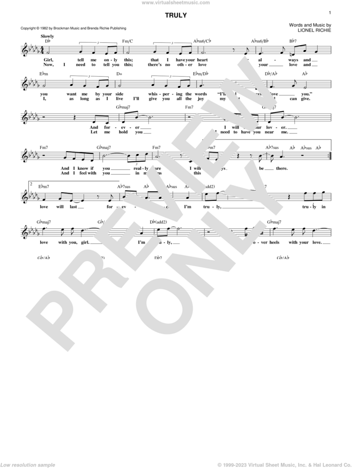 Truly sheet music for voice and other instruments (fake book) by Lionel Richie, intermediate skill level