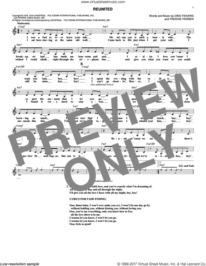 Reunited sheet music for voice and other instruments (fake book) by Peaches & Herb, Dino Fekaris and Frederick Perren, intermediate skill level