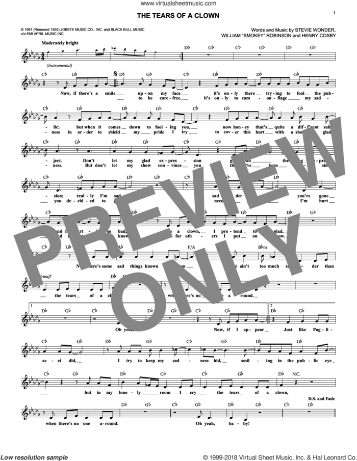 The Tears Of A Clown sheet music for voice and other instruments (fake book) by Smokey Robinson & The Miracles, Henry Cosby and Stevie Wonder, intermediate skill level