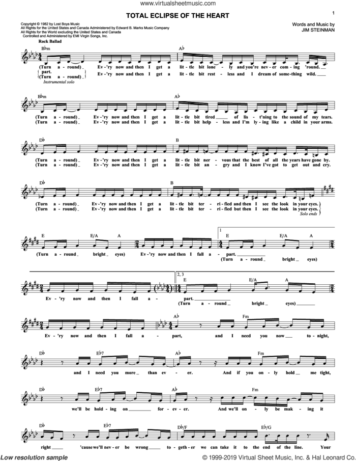 Total Eclipse Of The Heart sheet music for voice and other instruments (fake book) by Bonnie Tyler, Nicki French and Jim Steinman, intermediate skill level