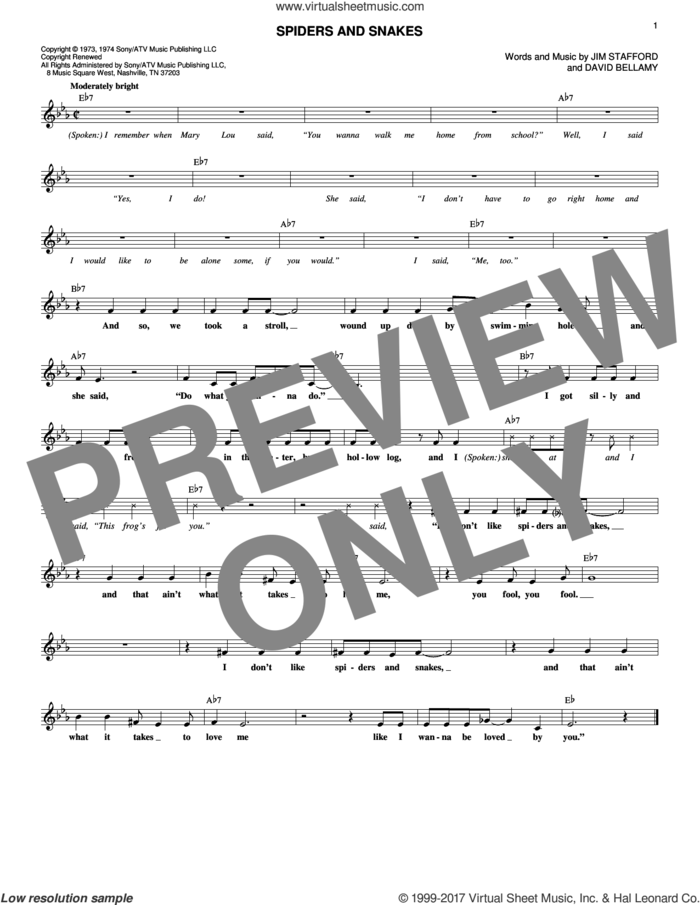 Spiders And Snakes sheet music for voice and other instruments (fake book) by The Party, David Bellamy and Jim Stafford, intermediate skill level