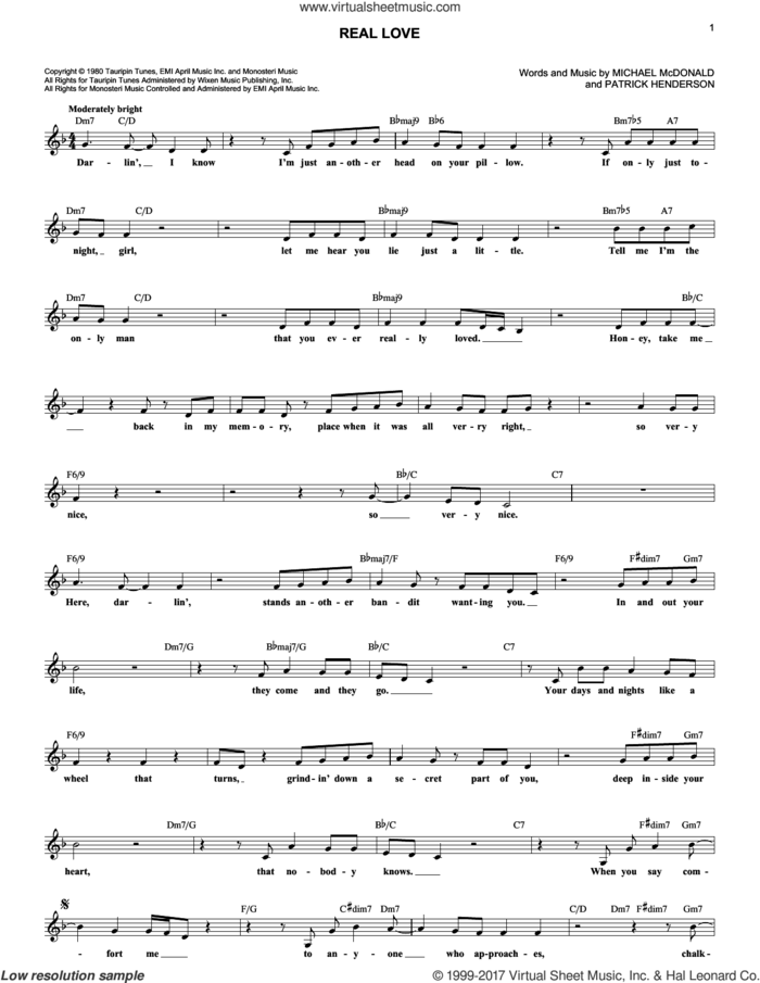 Real Love sheet music for voice and other instruments (fake book) by The Doobie Brothers, Michael McDonald and Patrick Henderson, intermediate skill level