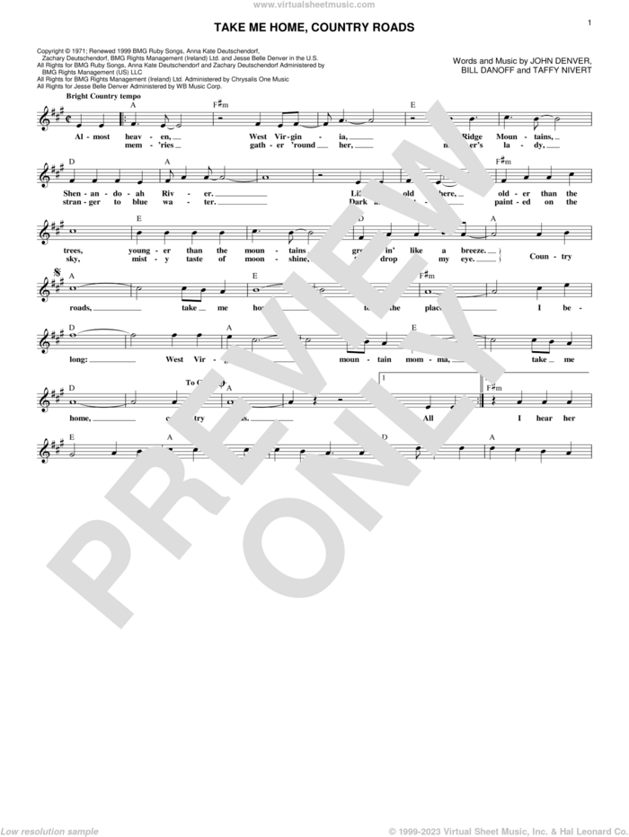 Take Me Home, Country Roads sheet music for voice and other instruments (fake book) by John Denver, Bill Danoff and Taffy Nivert, intermediate skill level