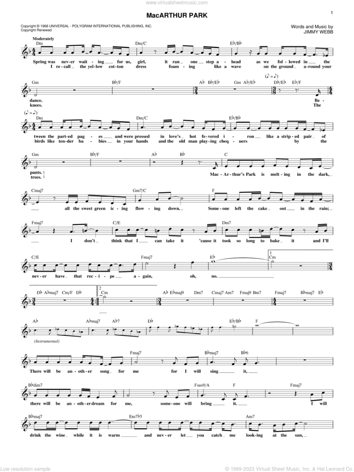 MacArthur Park sheet music for voice and other instruments (fake book) by Jimmy Webb, Donna Summer and Richard Harris, intermediate skill level