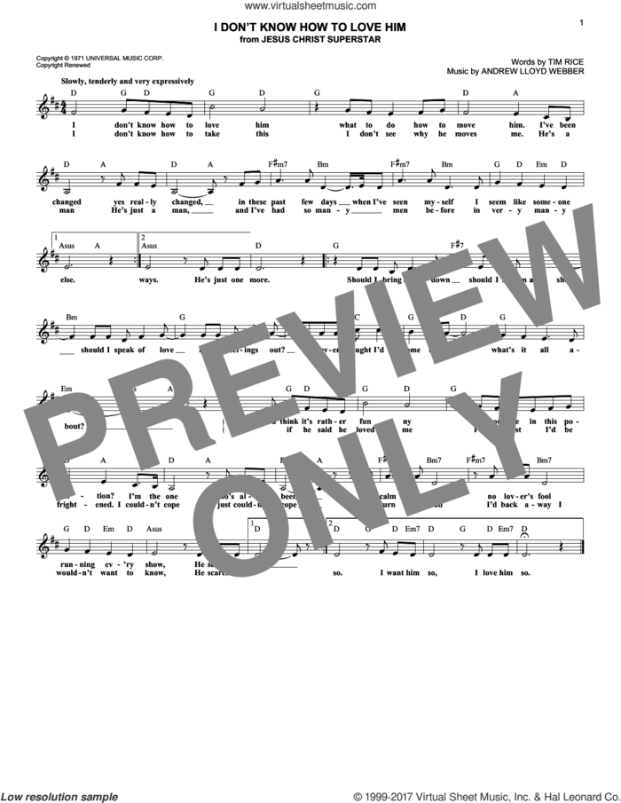 I Don't Know How To Love Him (from Jesus Christ Superstar) sheet music for voice and other instruments (fake book) by Andrew Lloyd Webber, Helen Reddy and Tim Rice, intermediate skill level