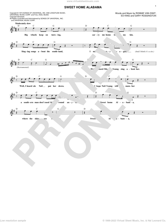 Sweet Home Alabama sheet music for voice and other instruments (fake book) by Lynyrd Skynyrd, Edward King, Gary Rossington and Ronnie Van Zant, intermediate skill level