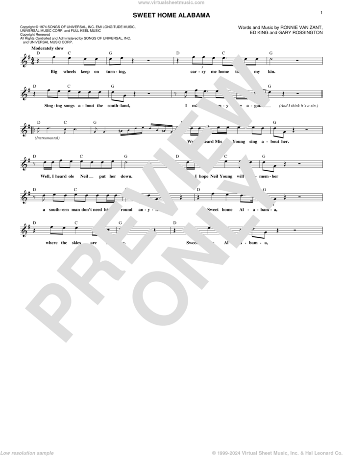 Sweet Home Alabama sheet music for voice and other instruments (fake book) by Lynyrd Skynyrd, Edward King, Gary Rossington and Ronnie Van Zant, intermediate skill level