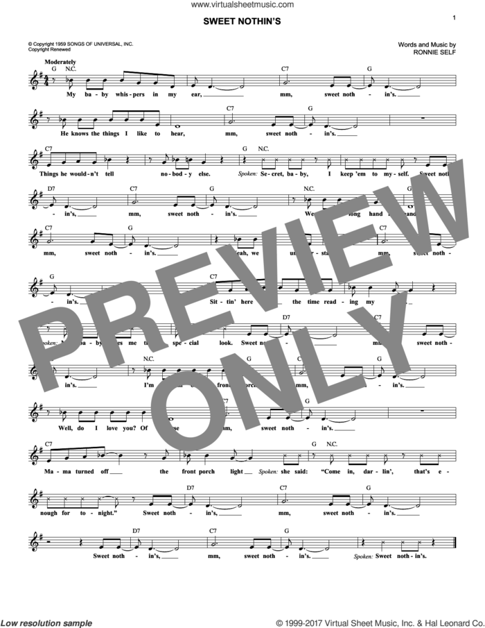 Sweet Nothin's sheet music for voice and other instruments (fake book) by Brenda Lee and Ronnie Self, intermediate skill level