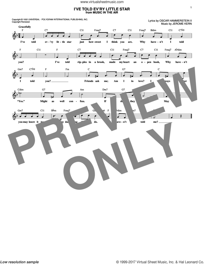 I've Told Ev'ry Little Star sheet music for voice and other instruments (fake book) by Oscar II Hammerstein, Linda Scott and Jerome Kern, intermediate skill level