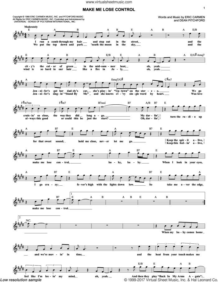 Make Me Lose Control sheet music for voice and other instruments (fake book) by Eric Carmen and Dean Pitchford, intermediate skill level