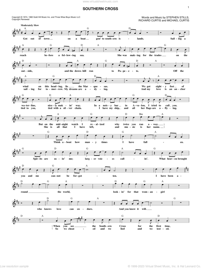 Southern Cross sheet music for voice and other instruments (fake book) by Crosby, Stills & Nash, Michael Curtis, Richard Curtis and Stephen Stills, intermediate skill level