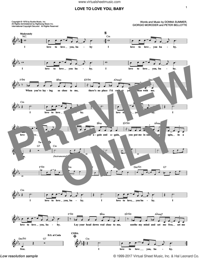 Love To Love You, Baby sheet music for voice and other instruments (fake book) by Donna Summer, Giorgio Moroder and Peter Bellotte, intermediate skill level