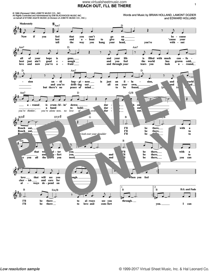 Reach Out And I'll Be There sheet music for voice and other instruments (fake book) by The Four Tops, Michael McDonald, Brian Holland, Edward Holland Jr. and Lamont Dozier, intermediate skill level