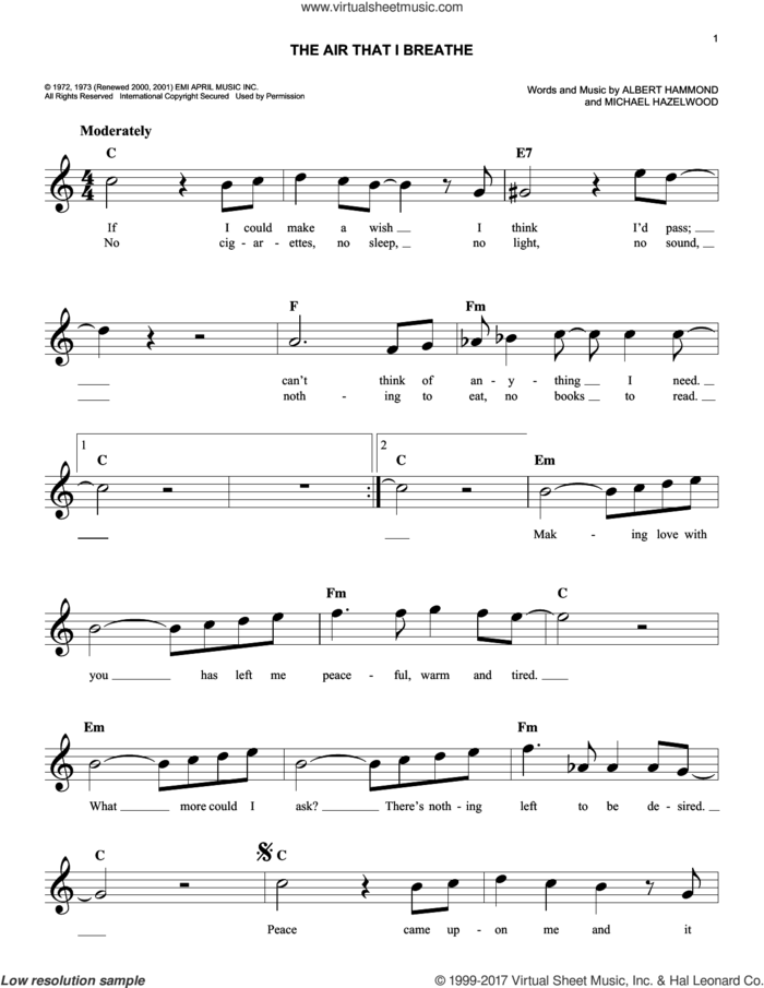 The Air That I Breathe sheet music for voice and other instruments (fake book) by The Hollies, Albert Hammond and Michael Hazlewood, easy skill level