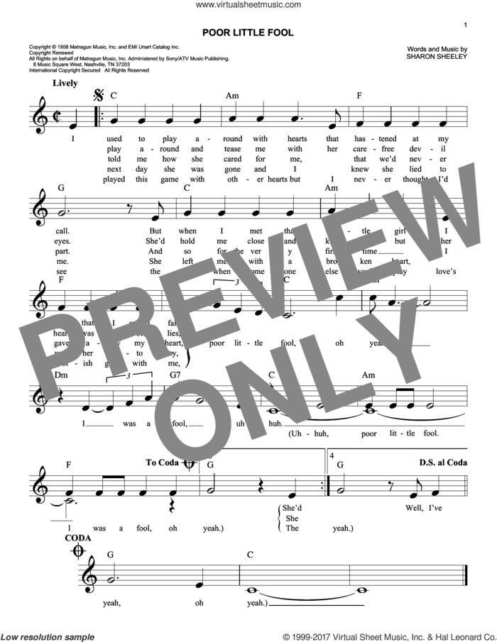 Poor Little Fool sheet music for voice and other instruments (fake book) by Ricky Nelson and Sharon Sheeley, easy skill level