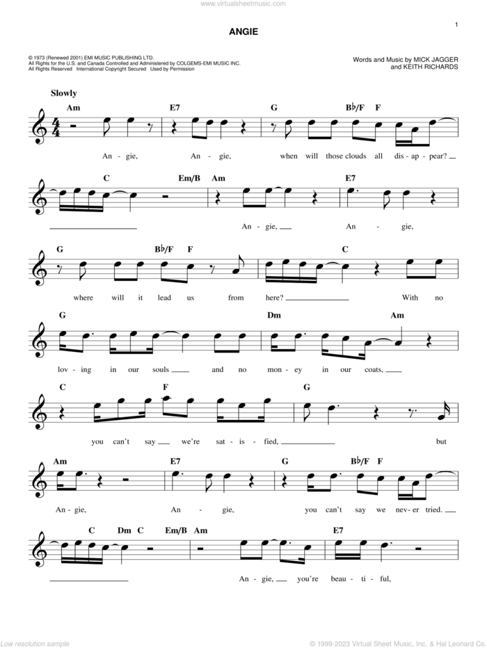 Angie sheet music for voice and other instruments (fake book) by The Rolling Stones, Keith Richards and Mick Jagger, easy skill level