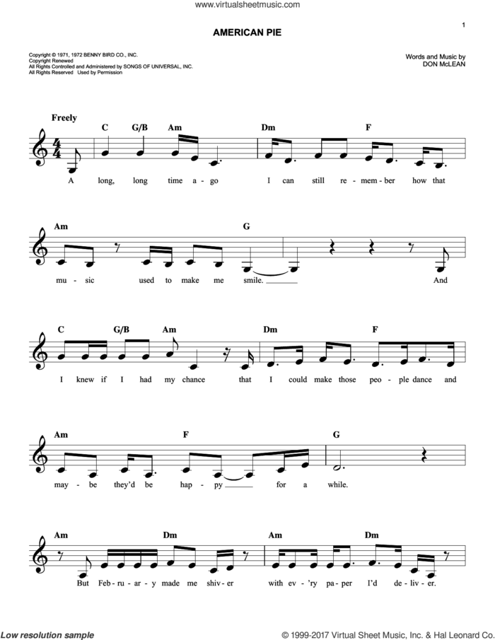 American Pie sheet music for voice and other instruments (fake book) by Don McLean, easy skill level