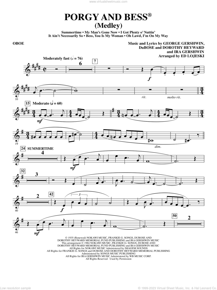 Porgy and Bess (Medley) sheet music for orchestra/band (oboe) by George Gershwin, Ed Lojeski, Dorothy Heyward, DuBose Heyward and Ira Gershwin, intermediate skill level