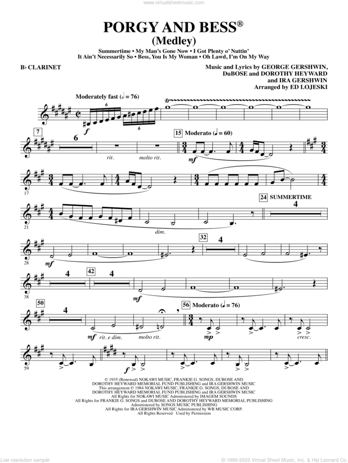 Porgy and Bess (Medley) sheet music for orchestra/band (Bb clarinet) by George Gershwin, Ed Lojeski, Dorothy Heyward, DuBose Heyward and Ira Gershwin, intermediate skill level