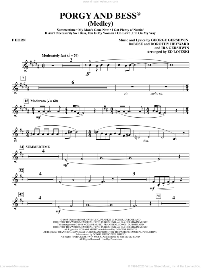 Porgy and Bess (Medley) sheet music for orchestra/band (f horn) by George Gershwin, Ed Lojeski, Dorothy Heyward, DuBose Heyward and Ira Gershwin, intermediate skill level