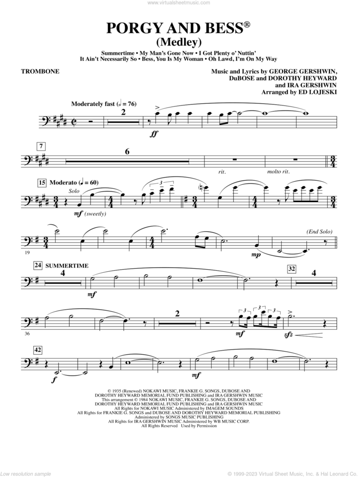 Porgy and Bess (Medley) sheet music for orchestra/band (trombone) by George Gershwin, Ed Lojeski, Dorothy Heyward, DuBose Heyward and Ira Gershwin, intermediate skill level