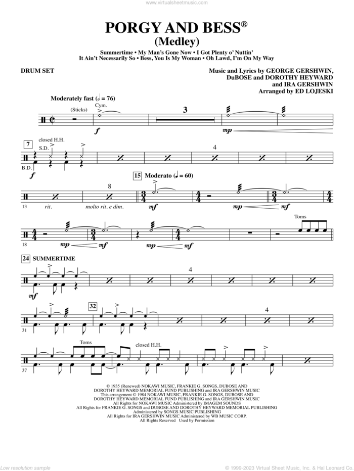 Porgy and Bess (Medley) sheet music for orchestra/band (drum set) by George Gershwin, Ed Lojeski, Dorothy Heyward, DuBose Heyward and Ira Gershwin, intermediate skill level