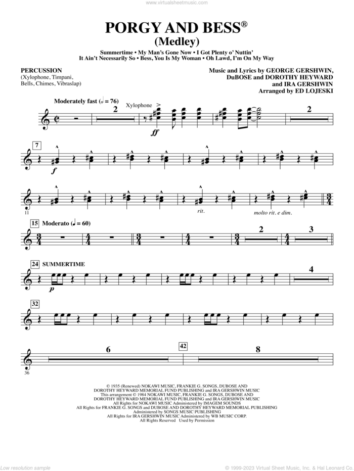 Porgy and Bess (Medley) sheet music for orchestra/band (percussion) by George Gershwin, Ed Lojeski, Dorothy Heyward, DuBose Heyward and Ira Gershwin, intermediate skill level