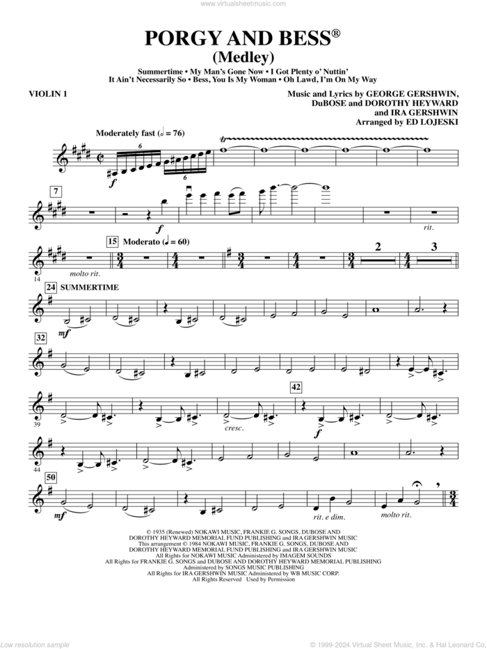 Porgy and Bess (Medley) sheet music for orchestra/band (violin 1) by George Gershwin, Ed Lojeski, Dorothy Heyward, DuBose Heyward and Ira Gershwin, intermediate skill level