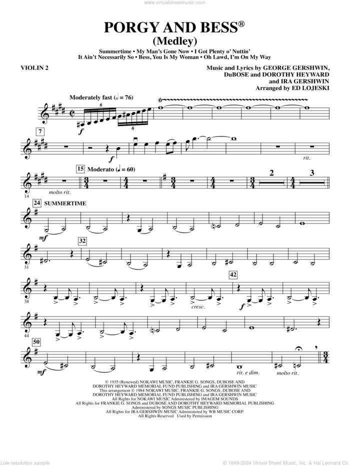 Porgy and Bess (Medley) sheet music for orchestra/band (violin 2) by George Gershwin, Ed Lojeski, Dorothy Heyward, DuBose Heyward and Ira Gershwin, intermediate skill level