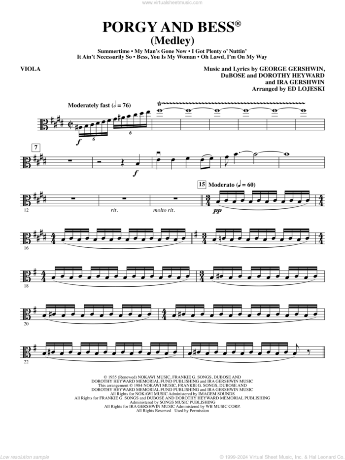 Porgy and Bess (Medley) sheet music for orchestra/band (viola) by George Gershwin, Ed Lojeski, Dorothy Heyward, DuBose Heyward and Ira Gershwin, intermediate skill level