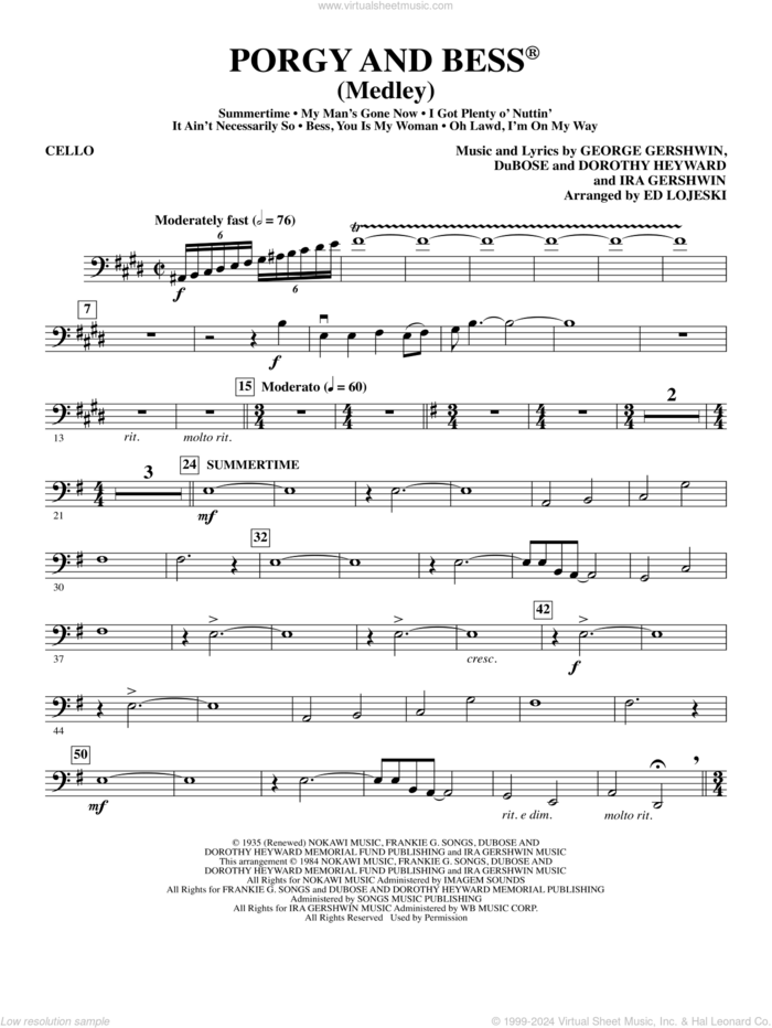 Porgy and Bess (Medley) sheet music for orchestra/band (cello) by George Gershwin, Ed Lojeski, Dorothy Heyward, DuBose Heyward and Ira Gershwin, intermediate skill level