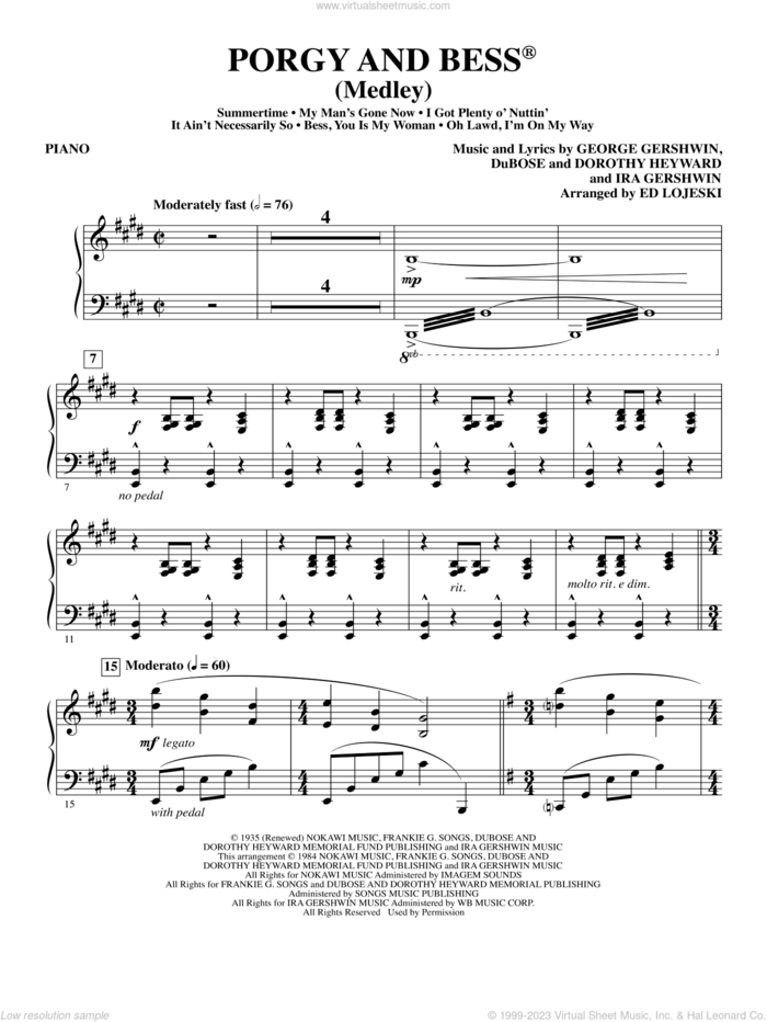 Porgy and Bess (Medley) sheet music for orchestra/band (piano) by George Gershwin, Ed Lojeski, Dorothy Heyward, DuBose Heyward and Ira Gershwin, intermediate skill level