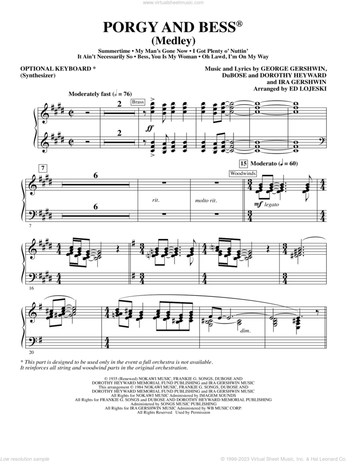 Porgy and Bess (Medley) sheet music for orchestra/band (synthesizer, opt.) by George Gershwin, Ed Lojeski, Dorothy Heyward, DuBose Heyward and Ira Gershwin, intermediate skill level